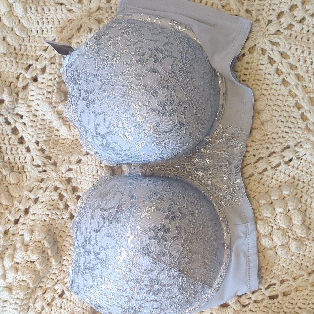 CACIQUE NTW size 44I Bra Boost Balconette blue silver metallic corset style new